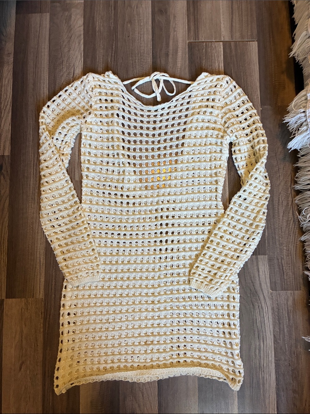 Women's Cream, Open Back, Crochet Long-Sleeve Swim Cover-Up- Size Medium
